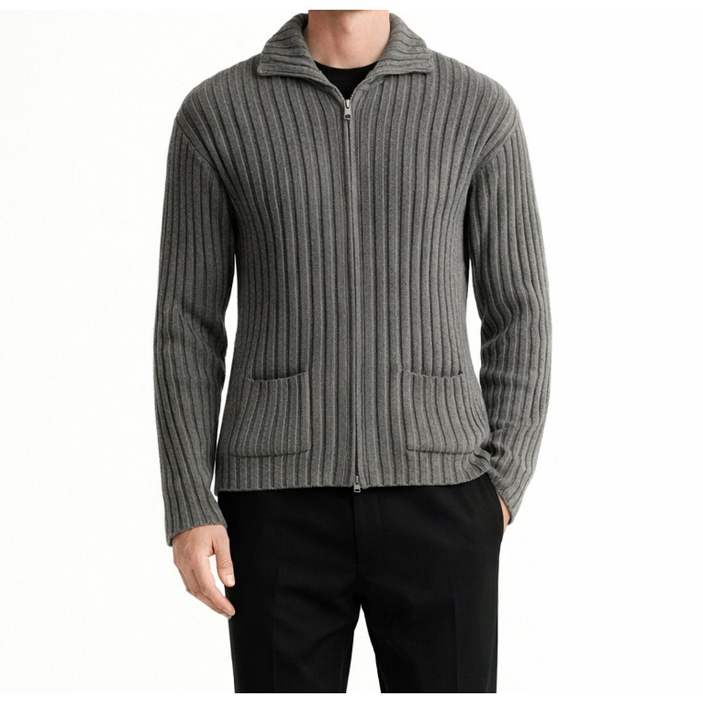 Country Road Sweater Mens L Gray Zip Front Cardigan Stretch Ribbed Vintage 90s